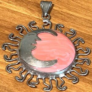 Boho Coral & Silver Sun & Moon Pendant